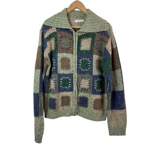 Vintage Granny Square Front Zip Cardigan Sweater Wool Blend Color Block Size XL